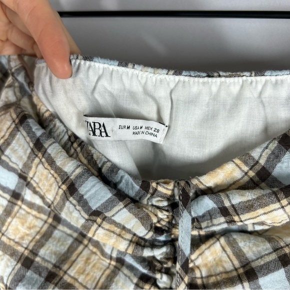 Zara Checkered Plaid Top Puff Sleeve Off Shoulder Ruched M A-16 - Picture 4 of 8